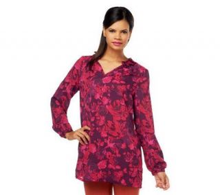 Isaac Mizrahi Live Pull Over Printed Blouse with Ruffle —