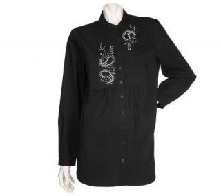 Susan Graver Stretch Cotton Shirt w/Paisley Rhinestone Placket Motif 