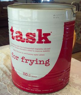 VINTAGE ANTIQUE TASK FRY cooking OIL fat RED WHITE TIN BARREL Pail Can