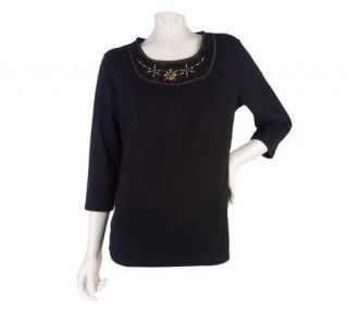 Denim & Co. 3/4 Sleeve Knit Top with Beaded Neckline Detail — 