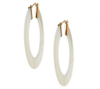 Large Carved Mother of Pearl Round Hoop Earrings, 14K Gold —