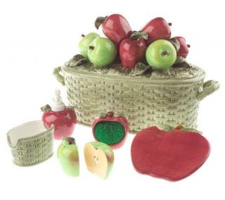 Handpainted Ceramic Apple Breadbox with Accessories by Valerie