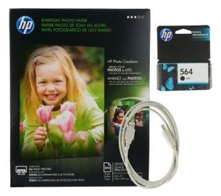 HP Printer Supplies Bundle with Black Ink USB Cable and Photo Paper 