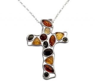 Multicolored Amber Sterling Cross Pendant with18 Chain   J311982