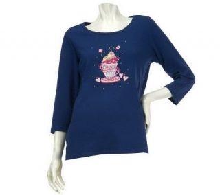 As Is Quacker Factory Stacked Tea Cups 3/4 Sleeve T_Shirt   A232995