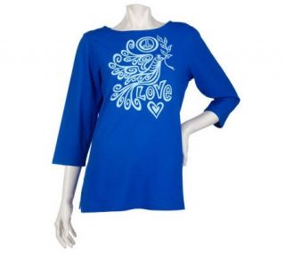 Bob Mackies Graphic Peace and Love 3/4 Sleeve Knit Top —