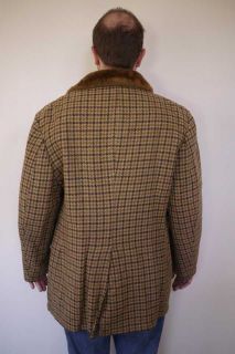 Vintage 1970s Cresco Houndstooth Wool Faux Fur Lined Mens Car Over
