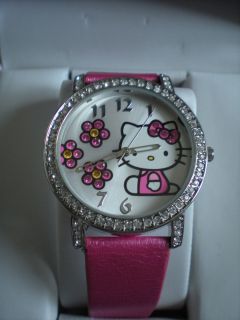 Hello Kitty Pink Leather Band Crystal Bezel Watch