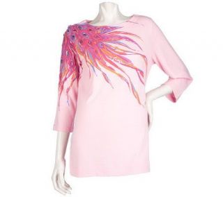 Bob Mackies Floral Burst 3/4 Sleeve Knit Top with Jewel Detail