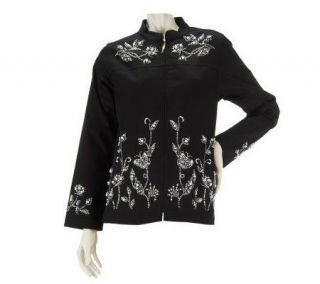 Quacker Factory Pearly Floral Embellished Zip Front Mandarin Collar 