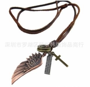  women men s tibetan angel wing cross bronze pendants leather necklace