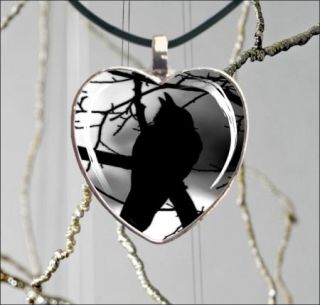 BIRD CROW ON TREE #1 HEART GLASS CABOCHON SILVER NECKLACE PENDANT