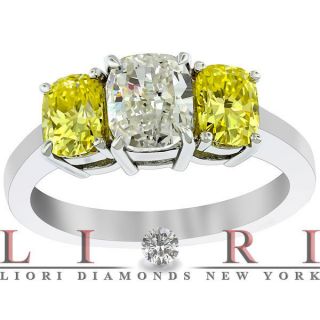 45 Carat Fancy Yellow Cushion Cut Three Stone Diamond Engagement