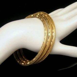 Crown Trifari 3 Vintage Egyptian Engraved Bangle Bracelets Goldtone