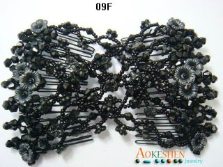 1xBlack Flower Style Easy Stretch Beaded Double Magic Hair Comb Clips