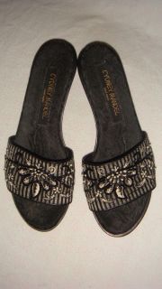 CYDNEY MANDEL Hand Made Black Floral Beaded Slide Sandal Wedge Ladies
