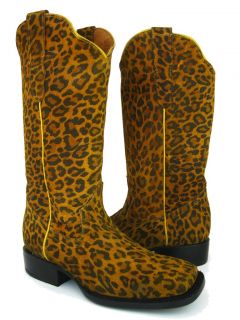  Brown Leather Leopard Spots Western Cowboy Boots Square Toe