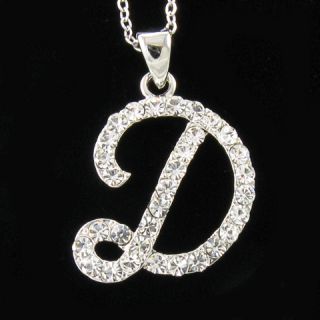Silver Tone Initial Letter D Crystal Pendant Necklace D