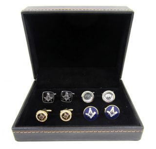  White, Gold Crystal, Silver & Purple Masonic Cufflinks Set Storage Box