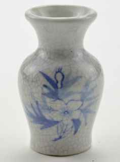 Mini Art Pottery Vase White Gray Crackle Pattern Floral Design 3 Tall