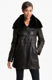 Chosen Furs Genuine Rabbit Fur Trim Leather Coat