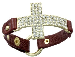  Burgundy Crystal Leather Cross Bracelet Cuff Free Premier SHIP