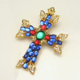 Trifari Large Cross Brooch Pin Pendant Blue Red Green Glass