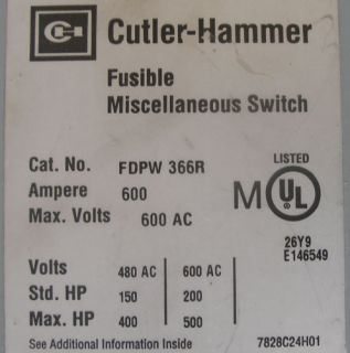 Cutler Hammer FDPW366R 600A 600V 3PH Fusible Panelboard Switch