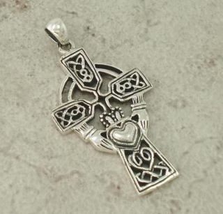 Large Sterling Silver Celtic Claddagh Cross Pendant
