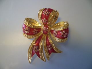   Red Gold Tone Bow Brooch Pin Crystal Flowers on Each Ribbon