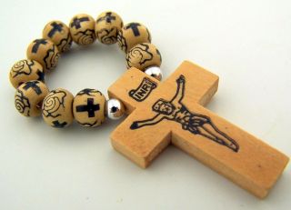   Light Oak Wood Bead INRI Devotional Finger Daily Prayer Rosary Ring