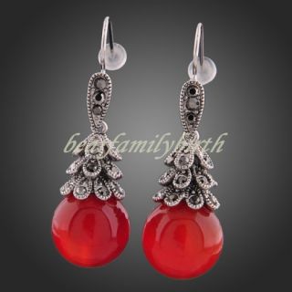 Black Swarovski Crystal Red Agate 18K White Gold GP Earrings E201