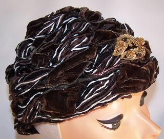 Vintage 1960s MC Curdys Brown Velvet Gold Brooch Pin Wrapped Turban