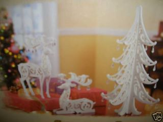Christmas Wood Filigree Tree and Deer Decoration Set New