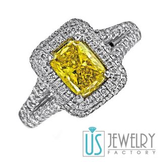 02 Carat Canary Yellow Cushion Cut Diamond Engagement Ring 14k White