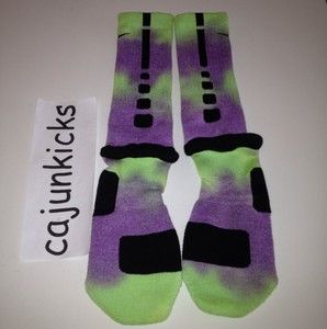 Custom Tie Dye NIKE ELITE BASKETBALL Socks L(8 12) Purple & Lime Kobe