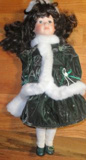 Collectors Choice by Dan Dee Porcelain Doll 16 Dark Brown Hair Green