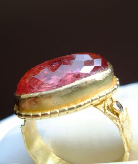  cts Pink Tourmaline 18K Y Gold Ring Checkerboard Cut