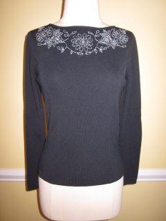 CYRUS WOMENS FLOWER EMBROIDERED BLACK LONG SLEEVE KNIT TOP BLOUSE S