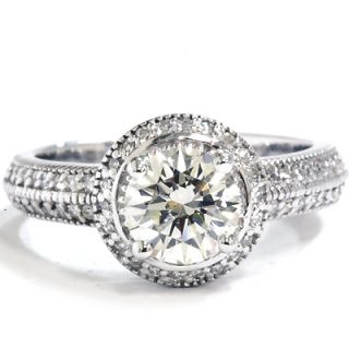  Round Diamond Engagement Ring Pave Halo Vintage Deco White Gold