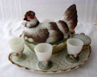Hen Chicken on Basket Breakfast Set Vallerysthal French Glass