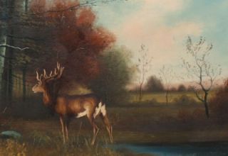 Antique Hudson River School Deer Buck Fall Oil Painting Original Wide