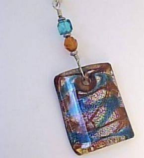 Handcrafted Ceiling Fan Pull Lampwork Glass Amber Teal and Silver