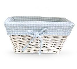 New White Wicker Basket Blue Gingham Liner Baby Shower