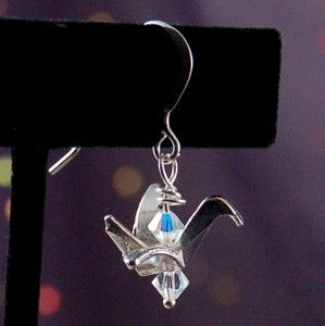 Origami Style Crane Earrings Made with Swarovski Crystals Sterling