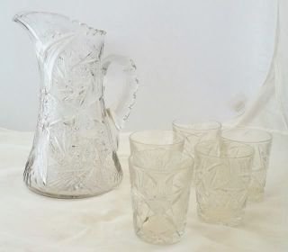 Cut Glass Lead Crystal Pitcher w 5 Water Glasses Tumblers 10 5