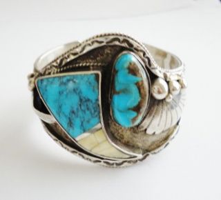 Unusual DANIEL BENALLY Sterling Silver, Turquoise & MOP Inlay Cuff