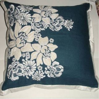  Decorative Pillow Blue Off White Floral Embroidery Velvet New
