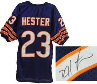 Devin Hester signed navy custom football jersey. Item comes with a