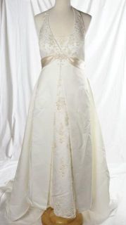 Davids Bridal White Halter Wedding Dress Gown Champagne Sash Beaded